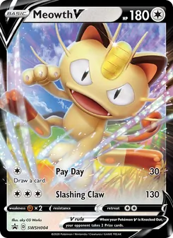 Meowth V — SWSH Black Star Promos #SWSH004, 2019. Illustrated by aky CG Works.