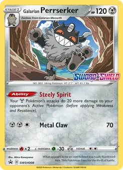 Galarian Perrserker — SWSH Black Star Promos #SWSH008, 2019. Illustrated by Akira Komayama.