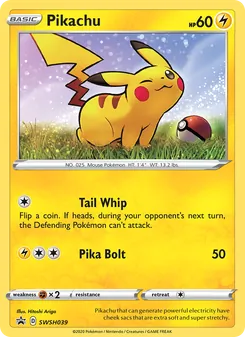 Pikachu — SWSH Black Star Promos #SWSH039, 2019. Illustrated by Hitoshi Ariga.