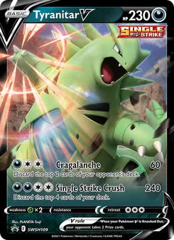 Tyranitar V — SWSH Black Star Promos #SWSH109, 2019. Illustrated by PLANETA Tsuji.