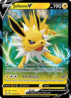 Jolteon V — SWSH Black Star Promos #SWSH151, 2019. Illustrated by 5ban Graphics.