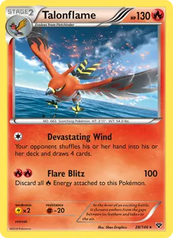 Talonflame — XY #28, 2014. Illustrated by 5ban Graphics.