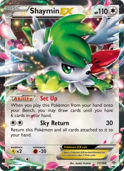 Shaymin EX — Roaring Skies #77, 2015. Illustrated by Ayaka Yoshida.