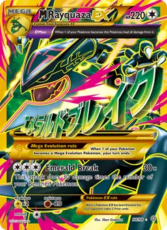 M Rayquaza EX — Ancient Origins #98, 2015. Illustrated by 5ban Graphics.