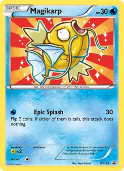 Magikarp — XY Black Star Promos #XY143, 2013. Illustrated by Saya Tsuruta.