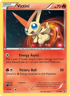Victini — XY Black Star Promos #XY189, 2013. Illustrated by Atsuko Nishida.