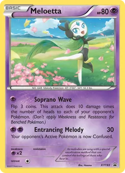Meloetta — XY Black Star Promos #XY193, 2013. Illustrated by Megumi Mizutani.