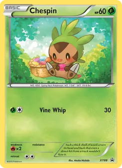 Chespin — XY Black Star Promos #XY88, 2013. Illustrated by Atsuko Nishida.